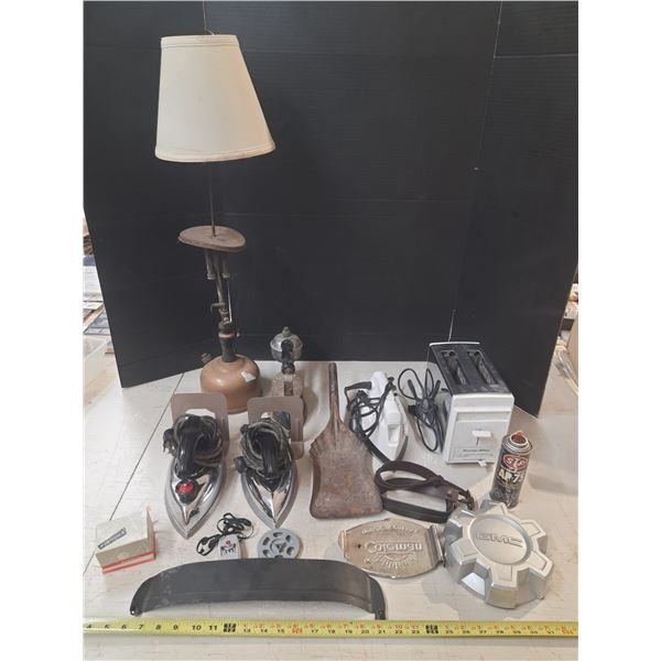 (4) Vintage Irons, Vintage Lamp, Toaster, GMC Wheel Cap, Eumicron A Lens etc.