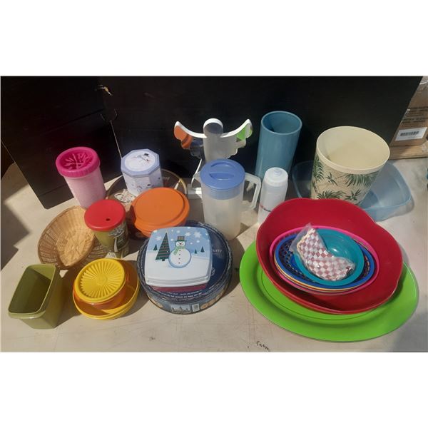 Lot of Plastic Plates, Bottle, Container, (2) Large Tins Container, Box of Clothes Hangers and (2) R