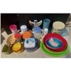 Image 1 : Lot of Plastic Plates, Bottle, Container, (2) Large Tins Container, Box of Clothes Hangers and (2) R