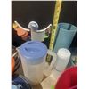Image 2 : Lot of Plastic Plates, Bottle, Container, (2) Large Tins Container, Box of Clothes Hangers and (2) R