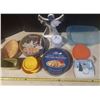 Image 6 : Lot of Plastic Plates, Bottle, Container, (2) Large Tins Container, Box of Clothes Hangers and (2) R