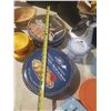 Image 7 : Lot of Plastic Plates, Bottle, Container, (2) Large Tins Container, Box of Clothes Hangers and (2) R