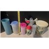 Image 8 : Lot of Plastic Plates, Bottle, Container, (2) Large Tins Container, Box of Clothes Hangers and (2) R