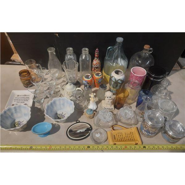 Large Vintage Jars, Bottles, Bowl, Salt and Pepper Shakers, Strange Container, etc.