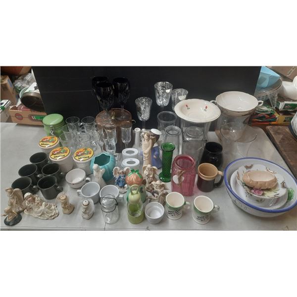 Lot of Cups, Glass, Jar, Storage Container, Large Flower Vase, Bowl, Plate and Small Decorative Item