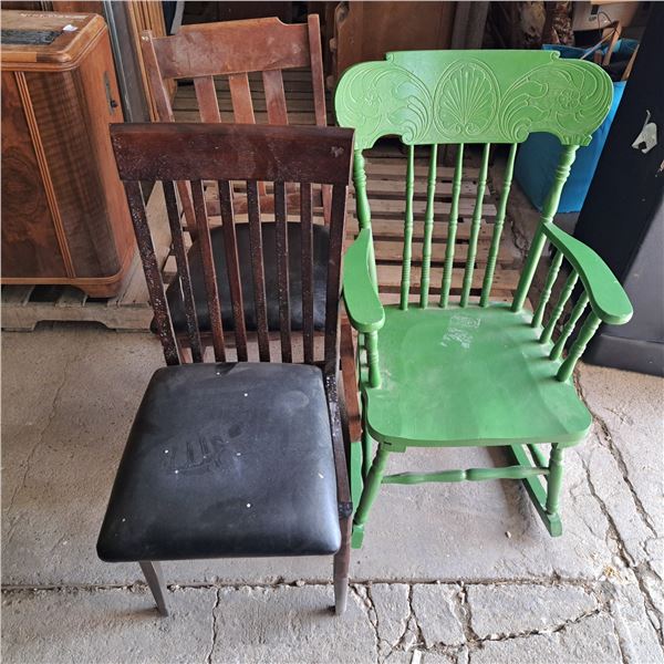 3 chairs 1 is a rocker and the seats are not attached