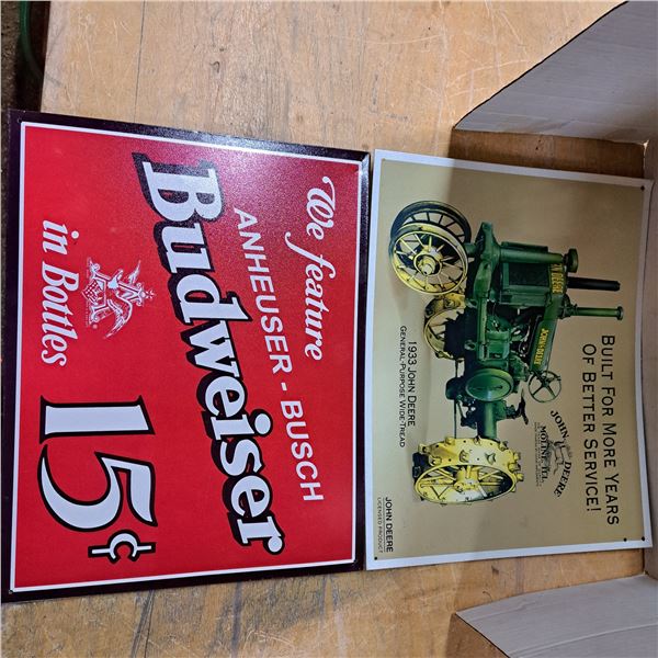 2 metal signs, john deere and budweiser