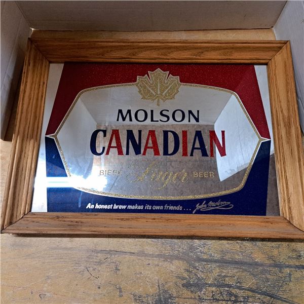 molson mirror with logo in a frame- 18" by 13"