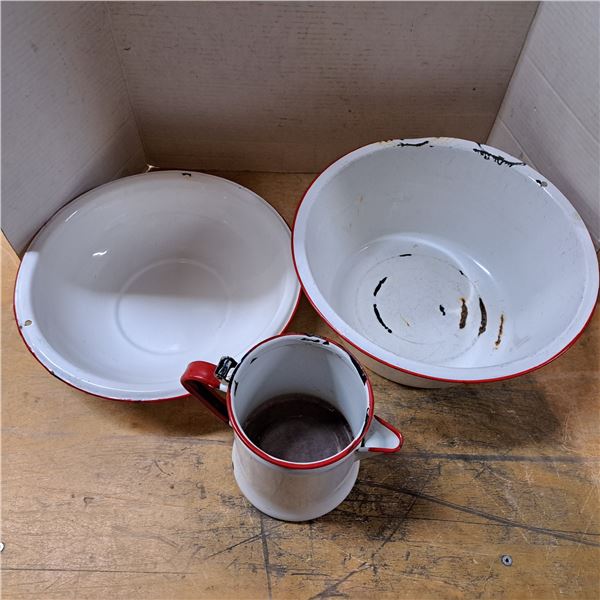2 metal bowls and pitcher
