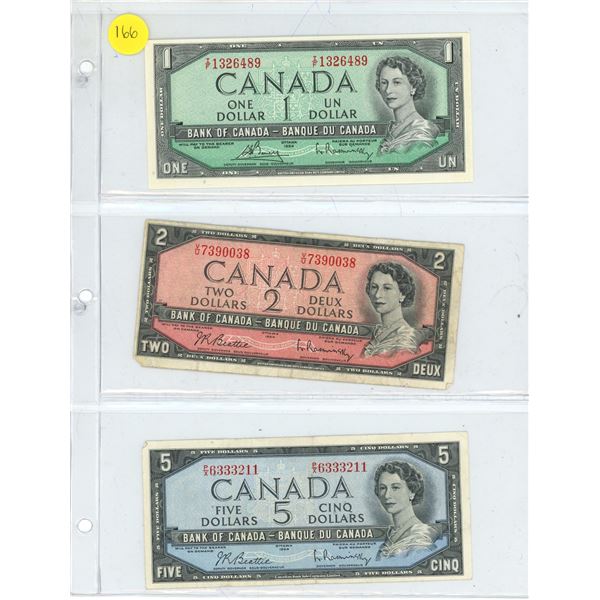 Vintage Canadian Bank of Canada (3) 1954 Dollar Bills (1,2, & 5 Dollar Bills)
