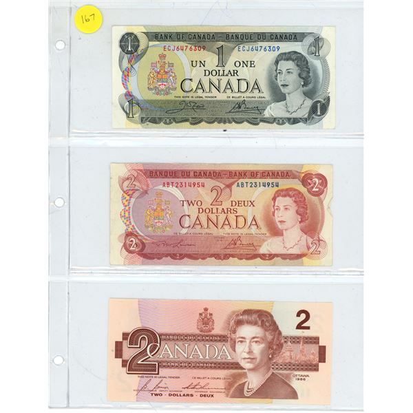 Vintage Canadian Bank of Canada (1) 1 Dollar Bill 1973 (2) 2 Dollar bill 1974 and 1986 Birds of Cana