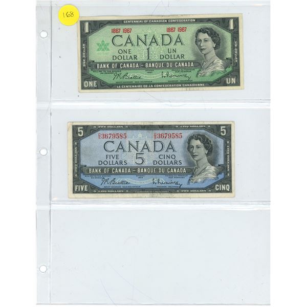 Vintage Canadian Bank of Canada (1) 1 Dollar Centennial of Canada Confederation 1967 & 5 Dollar Cana