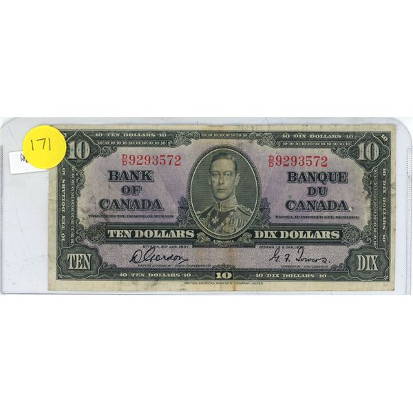 Vintage Canadian 10 Dollar Bill 1937