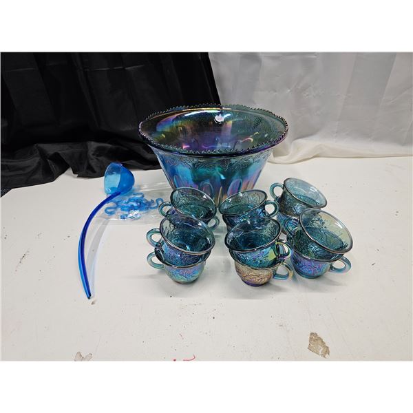 Blue Carnival Glass Punch Bowl & Cups