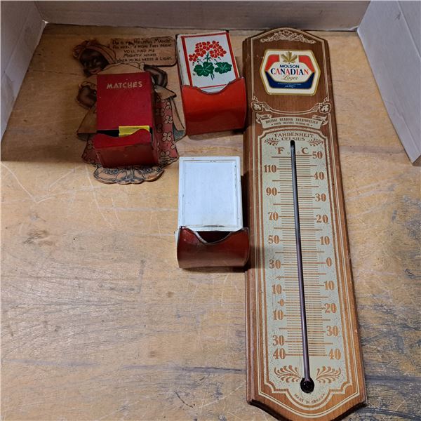 3 tin match boxes and molson thermometer