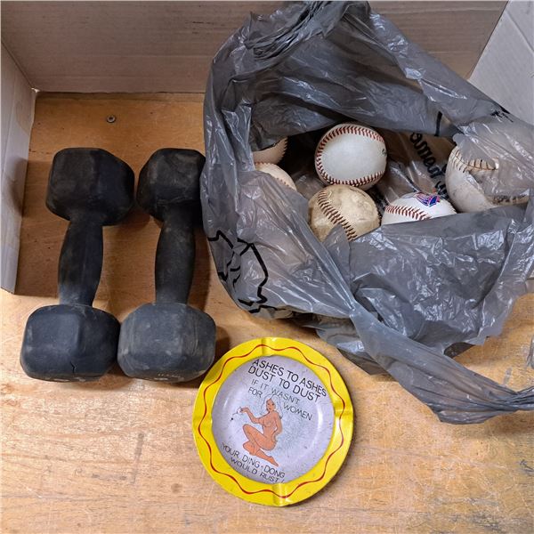 8lb weights, baseballs and tin plate