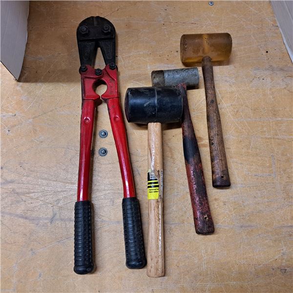bolt cutters and 3 hammers