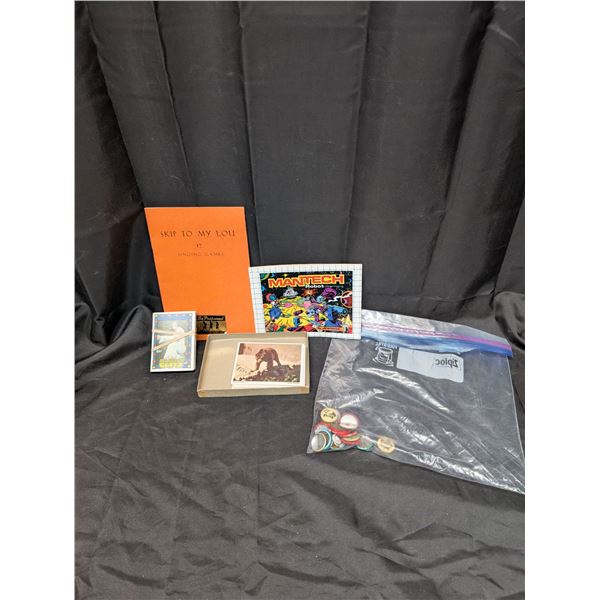 Misc. Lot (Tea Cards, Elvis Cards, Vintage Man Tech Comic, Pins, Skip To My Lou Song Book