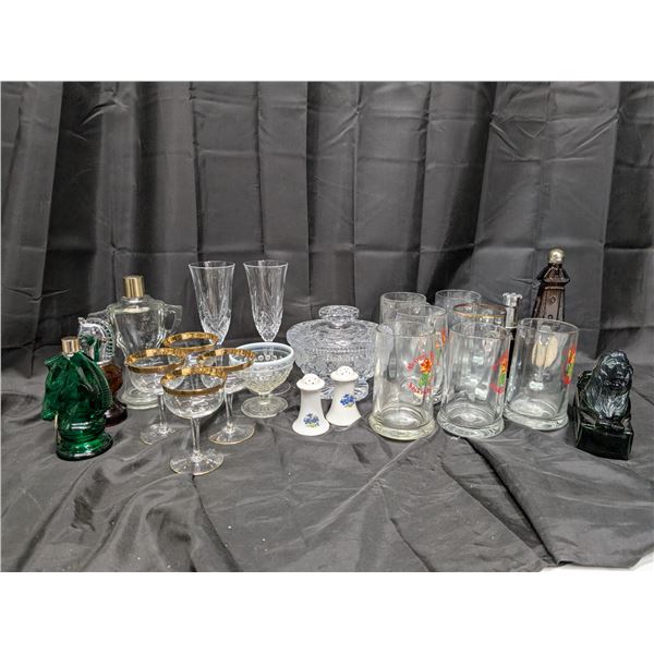 lot of multi colour glass cups, Pints, salt and pepper shakers, glass decor, and etc.
