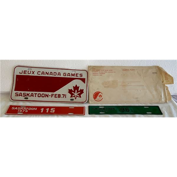 Three License Plates Jeux Canada Games 1971 and Two Contractor Plates