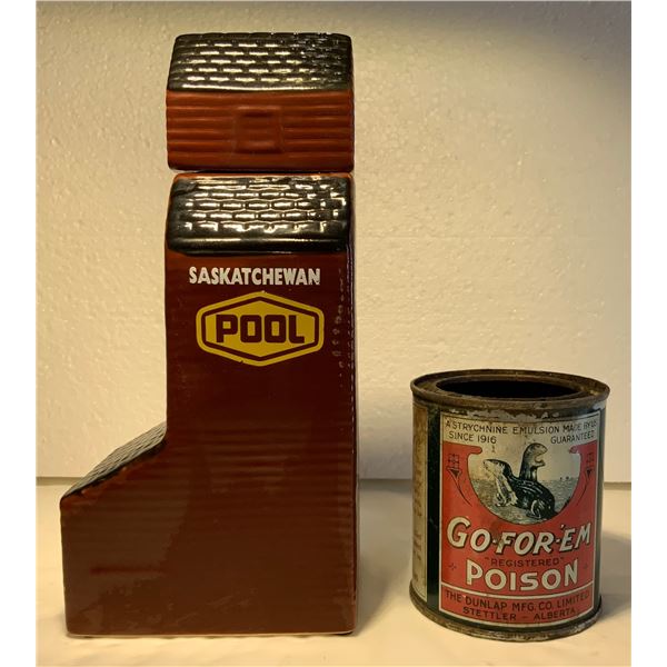 Elevator Whiskey Bottle and Gopher Poison Can