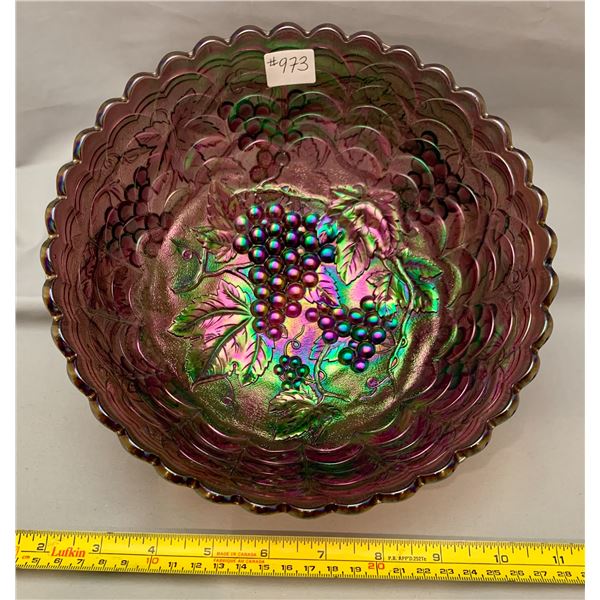 IMPERIAL GLASS AMETHYST+CARNIVAL GLASS “GRAPES” DEEP ROUND MASTER BERRY BOWL CIRCA