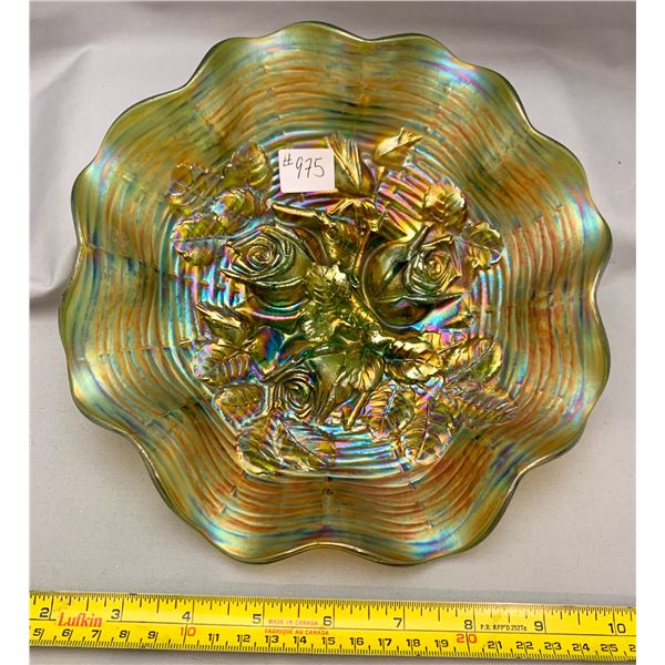 NORTHWOOD RARE EMERALD GREEN ROSE SHOW CARNIVAL GLASS 8 RUFFLE BOWL CIRCA 1909