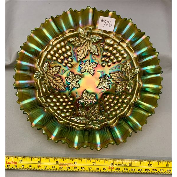 NORTHWOOD GREEN CARNIVAL GLASS GRAPE + CABLE PIE CRUST EDGE BOWL CIRCA 1909