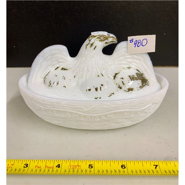 VINTAGE FLACCID GLADDEN " THE AMERICAN HEN" ORIGINAL EARLY 1900S MILK GLASS