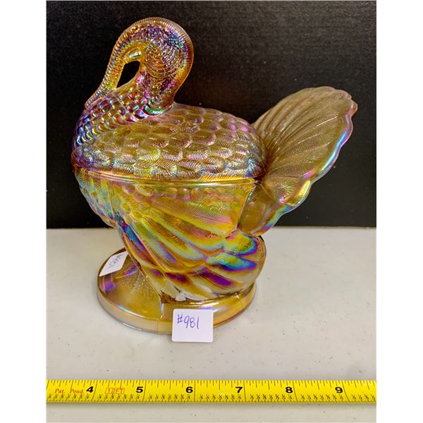 VINTAGE CARNIVAL GLASS TURKEY CANDY BOWL 2PC