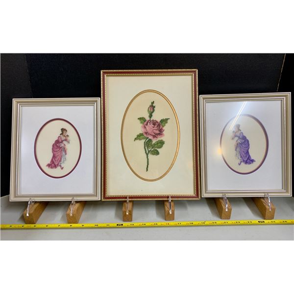 (3) FRAMED VINTAGE PETIT POINT DECORATIVE PICTURES