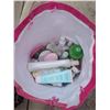 Image 3 : Bag of misc. bathroom toiletries. Sample bottles, small mirrors, bath bombs, and round gift box.