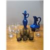 Image 1 : Assorted Glassware Tall Blue Decanter, Blue Picture, Sherry Glasses and Shooter Glasses