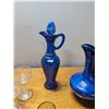Image 2 : Assorted Glassware Tall Blue Decanter, Blue Picture, Sherry Glasses and Shooter Glasses
