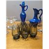 Image 5 : Assorted Glassware Tall Blue Decanter, Blue Picture, Sherry Glasses and Shooter Glasses