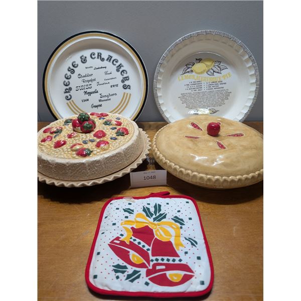 Three Ceramic Pie Plate two with covers (paint is worn) and One cheese and cracker plate