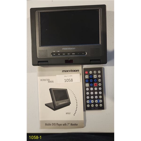 MacVision MP007 Mobile DVD Player with 7" Monitor, has remote and manual but no cables