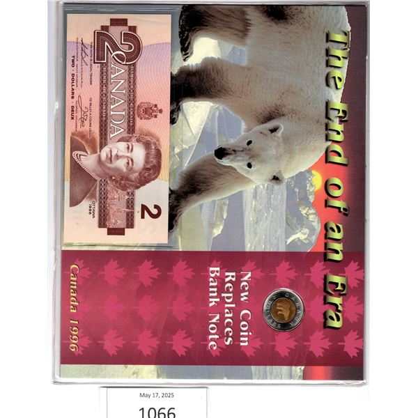 2 sets "The End of an Era" with Two Dollar bill and 'Toonie' coin Canada 1996 Collector Card
