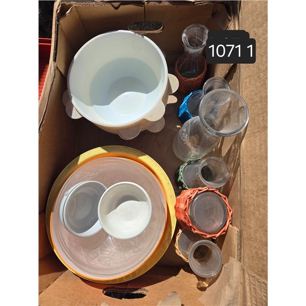12 Plastic Bowls, milk bottles, Napkin dispenser,Box of Metal Kitchen or Camping stuff.