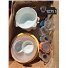 Image 1 : 12 Plastic Bowls, milk bottles, Napkin dispenser,Box of Metal Kitchen or Camping stuff.