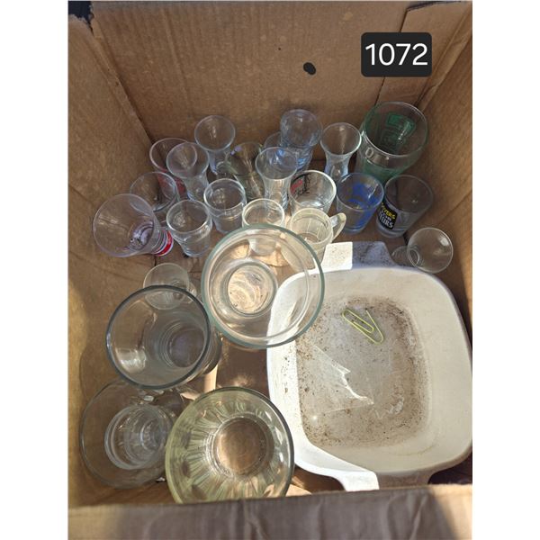 Vintage Glasses – app 20 Shot or Shooter style. Corelle Casserole Dish, Metal Pitcher