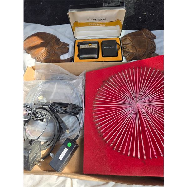 String Art, Carved Heads, Working Vintage Sunbeam Razor, Misc Cords