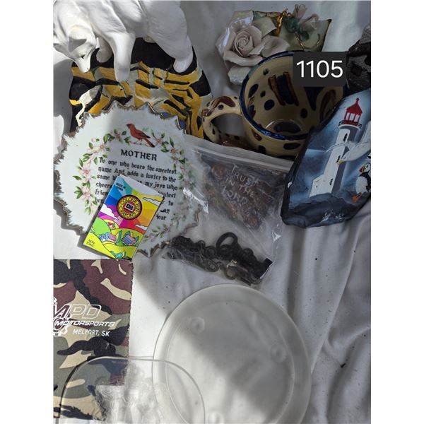 Box of Ornaments. Lighthouse Painting, Mother Plate, Candle Holders, Ashtray, Handmade Floral Piece