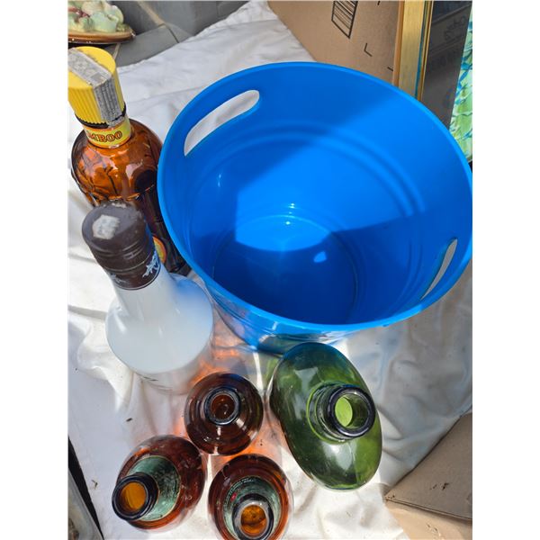Vintage Bowls, Small Garbage Can, Vintage Booze Bottles