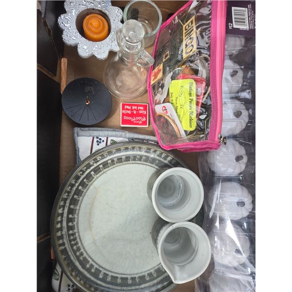 Misc Box – Pins, Welcome Sign in Box, Cream and Sugar on Plate, Small Candle Holders
