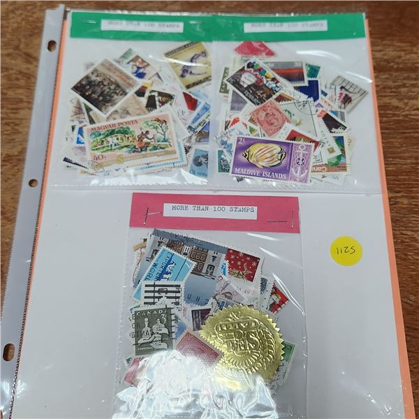 Binder Page Lot With over 300 Stamps, a Print of Artwork, One "Million Dollar Bill" With A celebrity