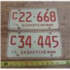 Image 1 : (2) Saskatchewan License Plate 1975.