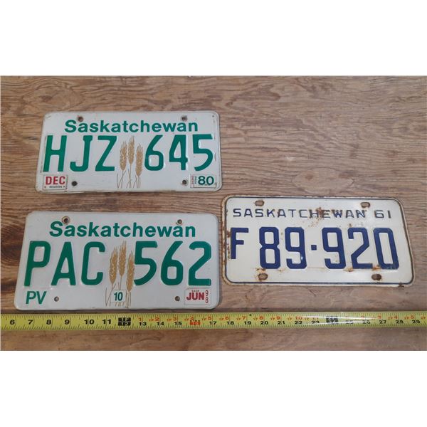 (3) Saskatchewan License Plates. [(1) 1961 and (2) 1980's]