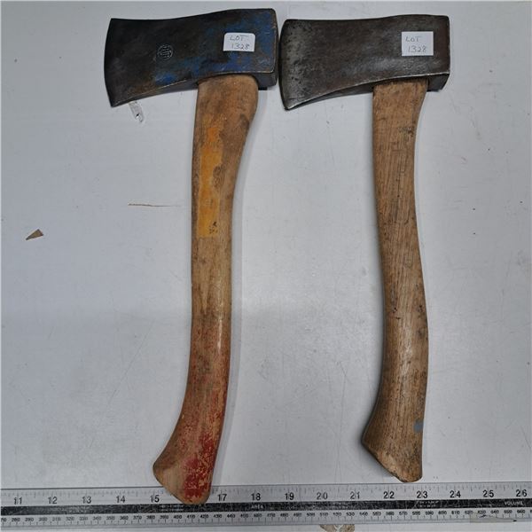 2 wooden hatchets