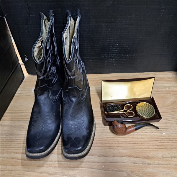 Used pipe from ireland, grooming kit and cowboy boots (size 7 mens?, measure 11.5" heel to toe)